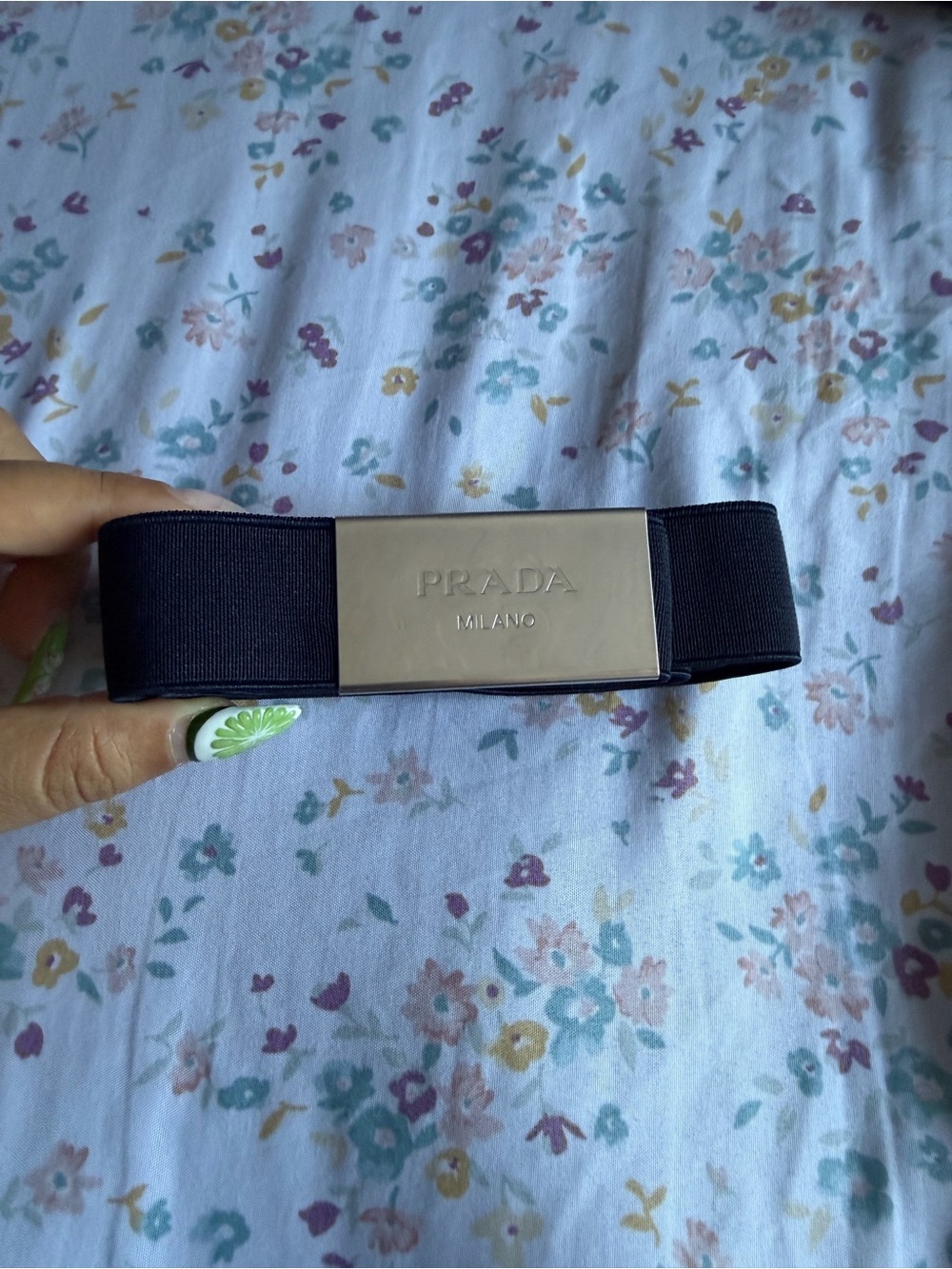 Prada Black Grosgrain Bow Barrette with Silver Plaque - Picture 7 of 7